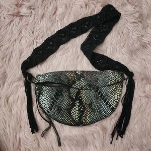 Free People Farrah Macramé Sling Bag black suede snake print black